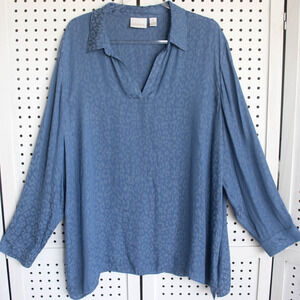 Chicos Size 4 US 20 Blue Animal Print LS Tunic Blouse Top